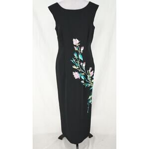 Citi Dress Gown Womens 10 Black Floral Embroidered Lined Sheath Long Back Zip